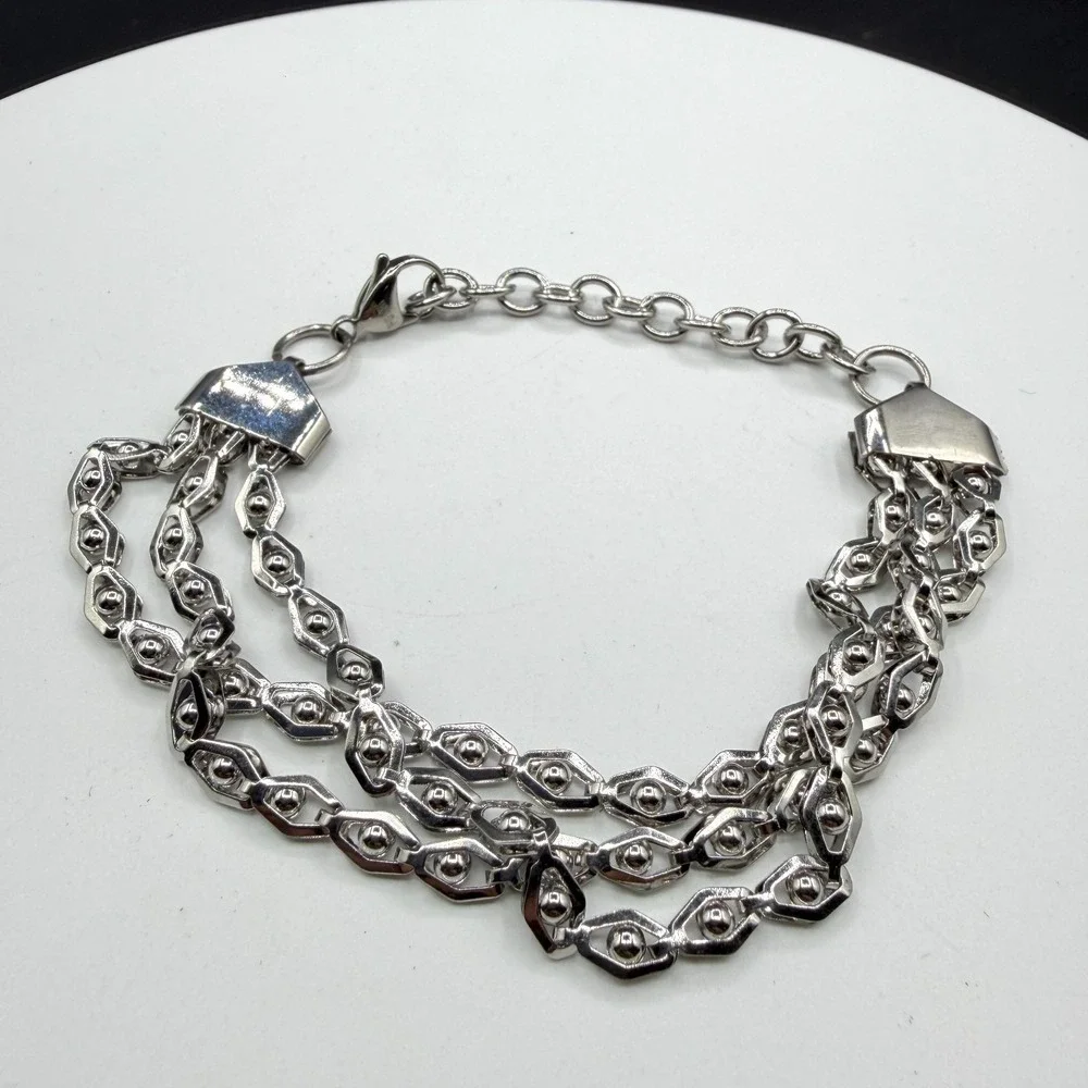 Stainless Steel Geometric Link Necklace Triple Strand Bracelet Set Statement Y2K